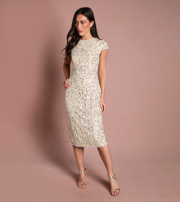 Cap Sleeves Pearl Embellished Pencil Midi Dress