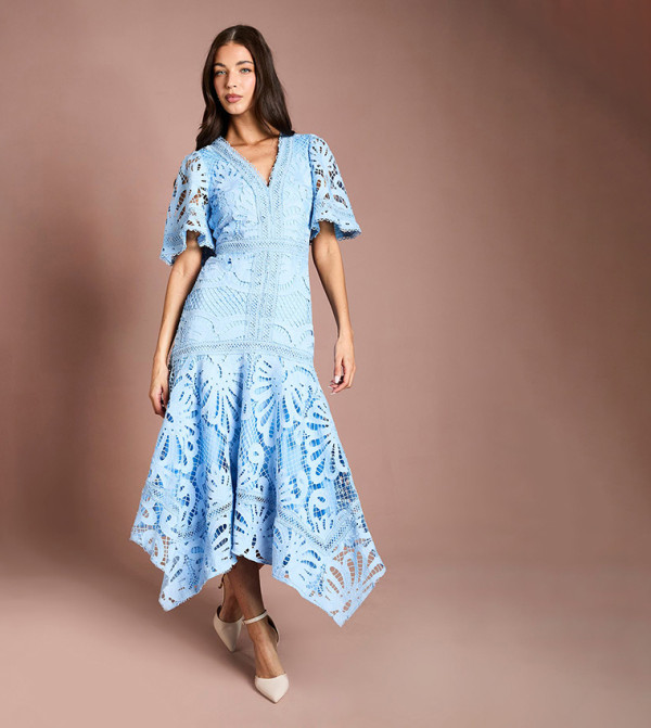 Placement Lace Hanky Hem Dress Midi Dress