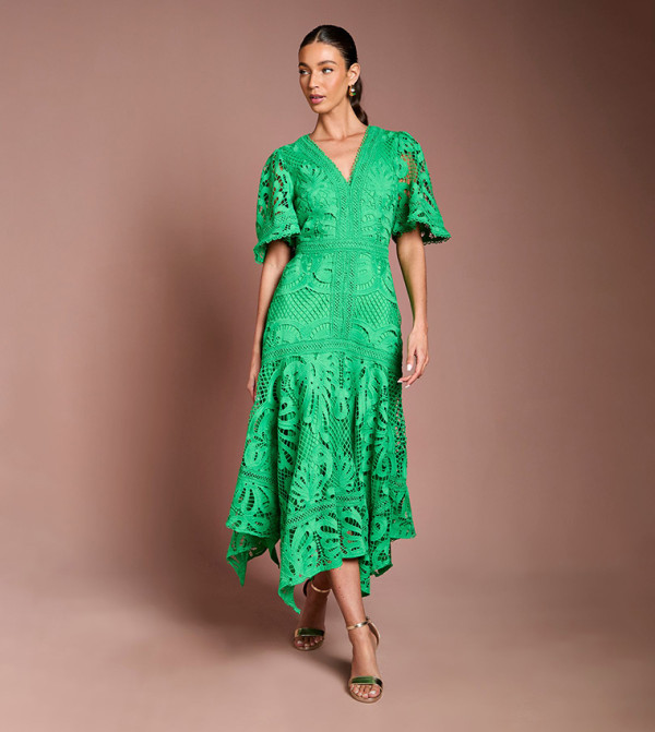 Placement Lace Hanky Hem Midi Dress