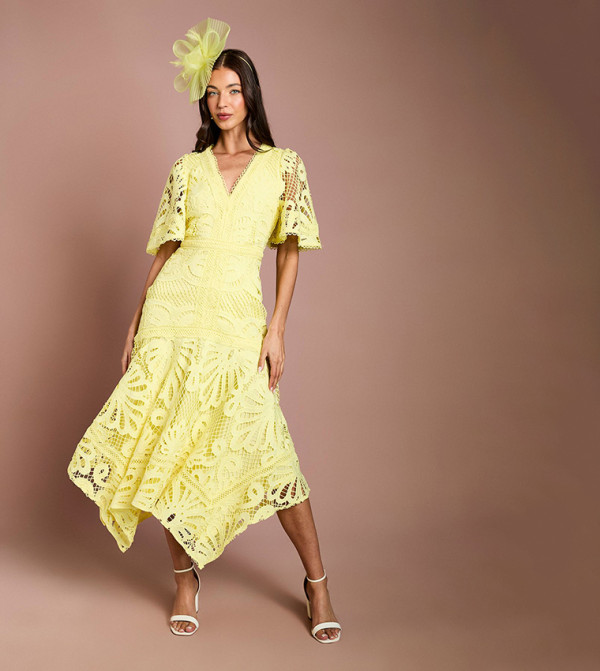 Placement Lace Hanky Hem Midi Dress