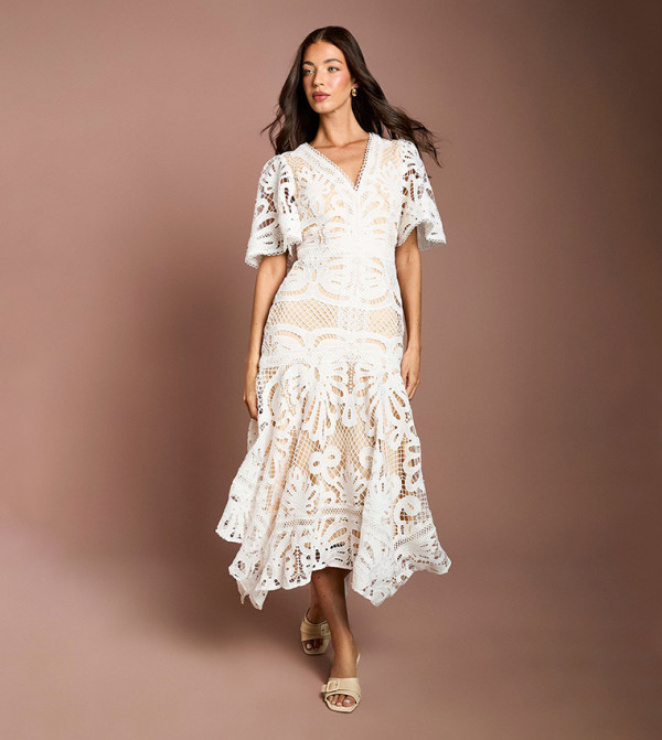 Placement Lace Hanky Hem Midi Dress