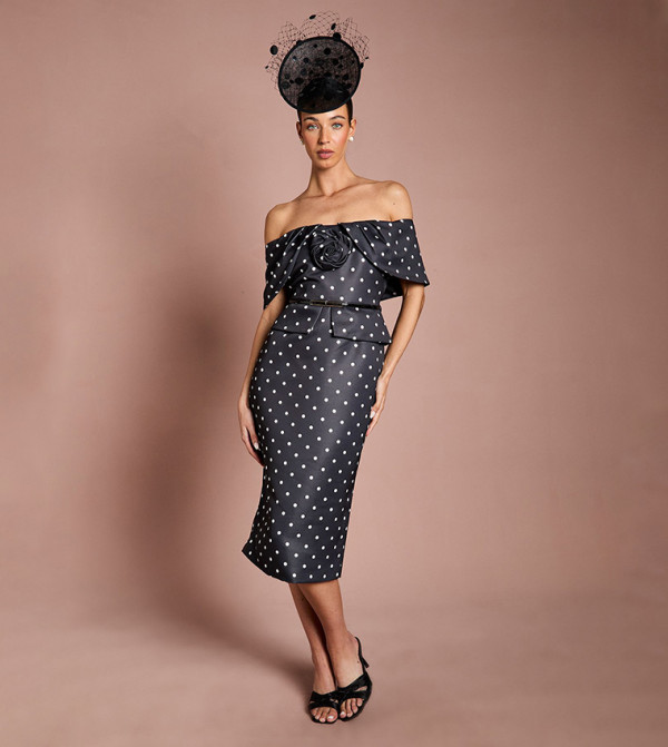 Petite Lisa Tan Polka Dots Corsage Off Shoulder Midi Pencil Dress
