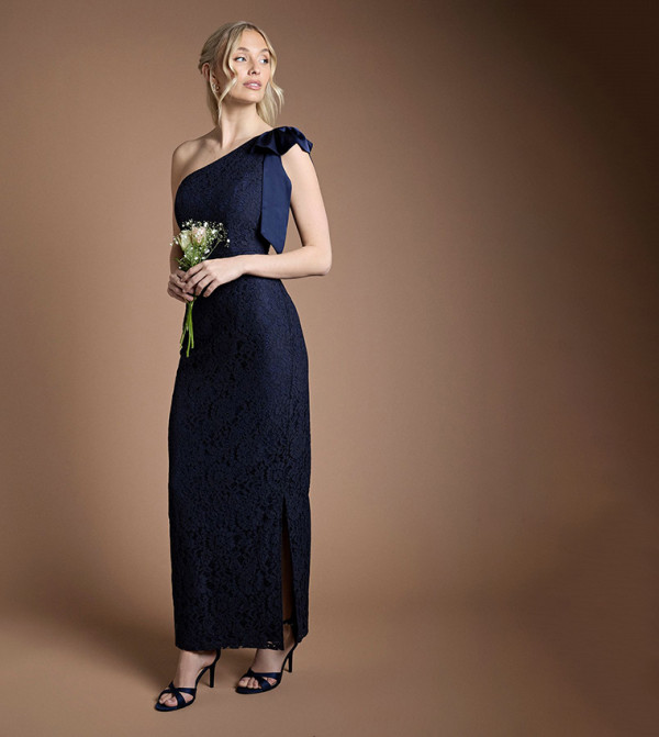 One Shoulder Bow Detail Lace Maxi Bridesmaid Dress