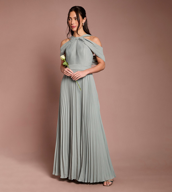 Pleated Cold Shoulder Maxi Bridesmaid Dress