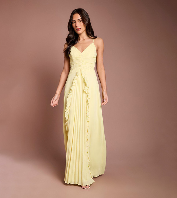 Pleat Detail V-Neck Bridesmaid Maxi Dress