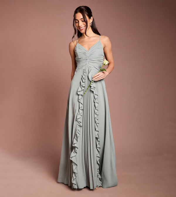 Pleat Detail V-Neck Bridesmaid Maxi Dress