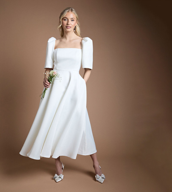 Puff Sleeves Structured Midi Wedding Dress