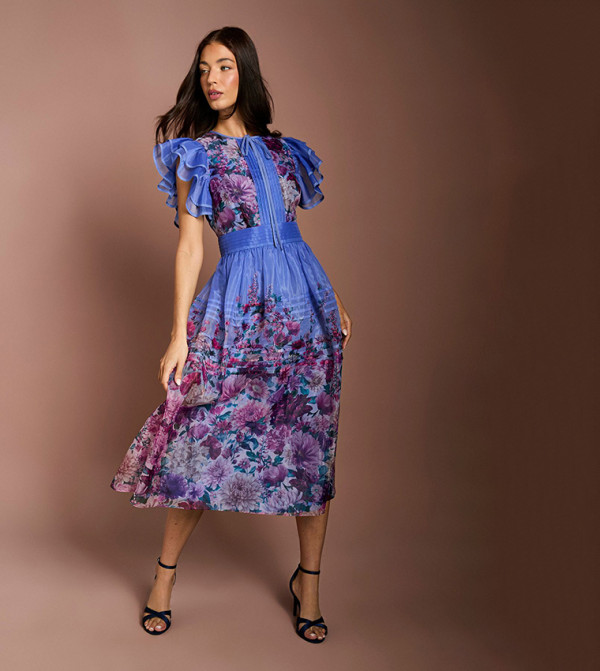 Lisa Tan Organza Printed Ruffle Midi Dress