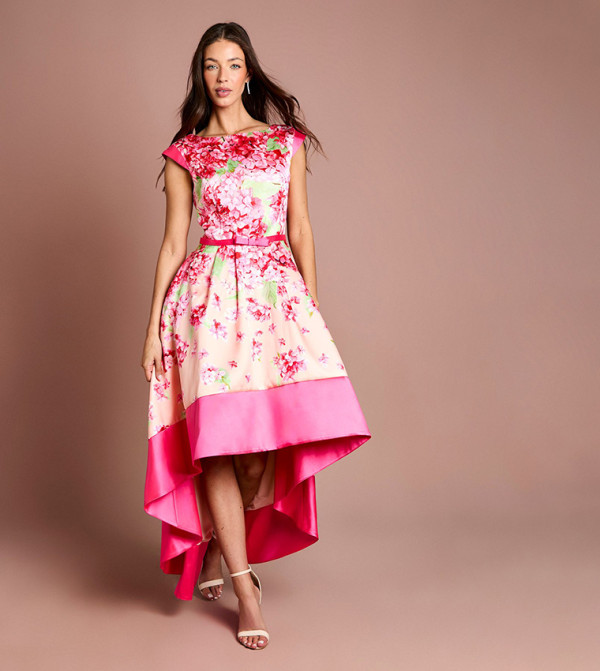 Floral Printed Twill High-Low Midi Dress