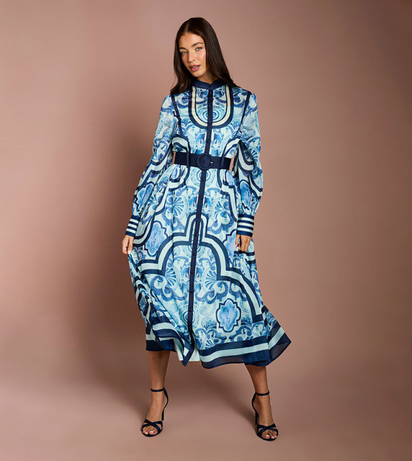 Lisa Tan Organza Belted Shirt Dress