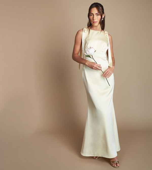 Sleeveless High Neck Tie Shoulder Satin Maxi Bridesmaid Dress