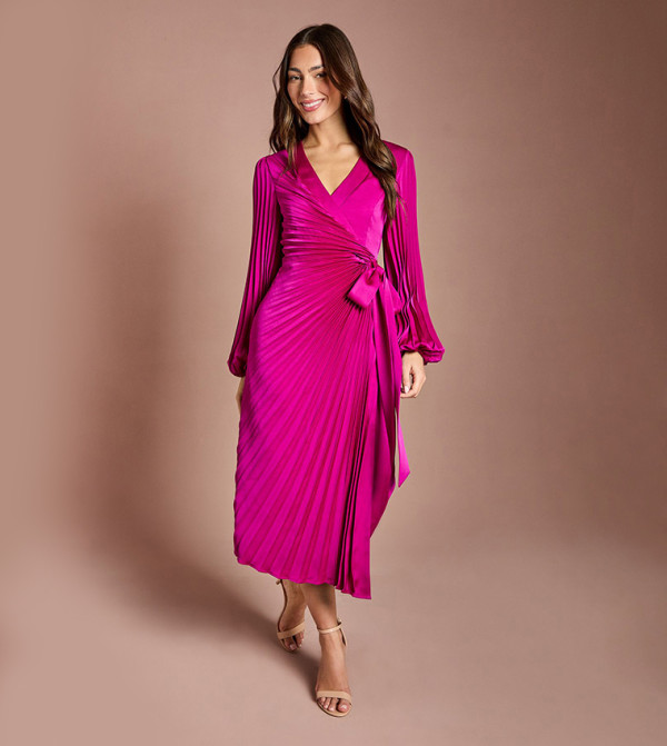 Satin Pleated Wrap Midi Dress