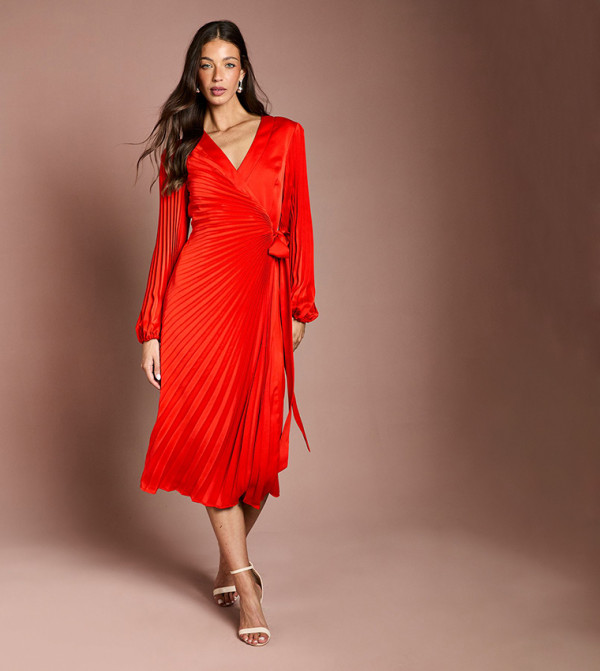 Satin Pleated Wrap Midi Dress