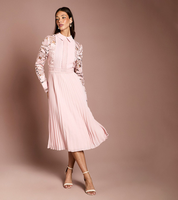 Lace and Pleated Long Sleeves Midi Shirt Dress