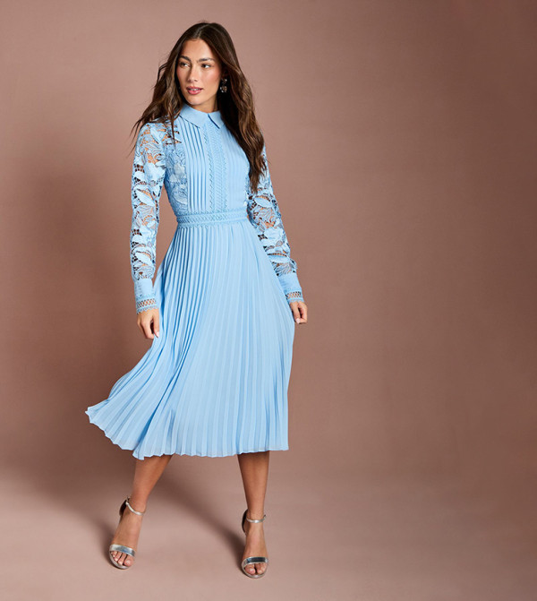 Lace and Pleated Long Sleeves Midi Shirt Dress