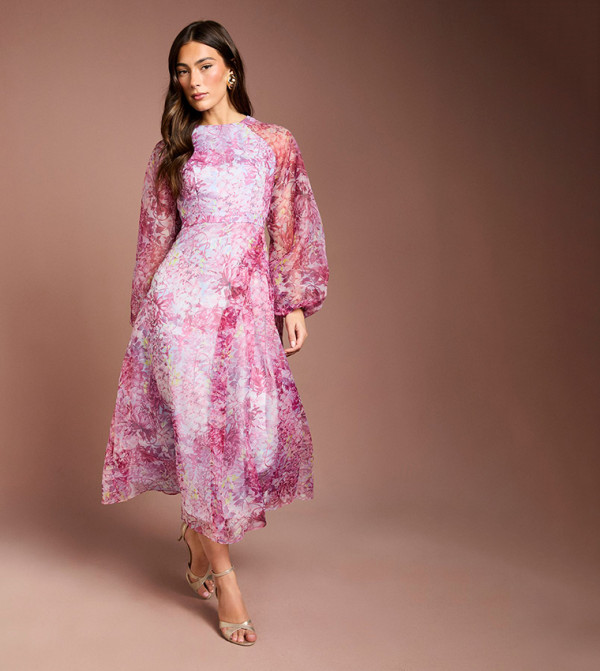 Organza Wrap Waist Puff Sleeves Midi Dress