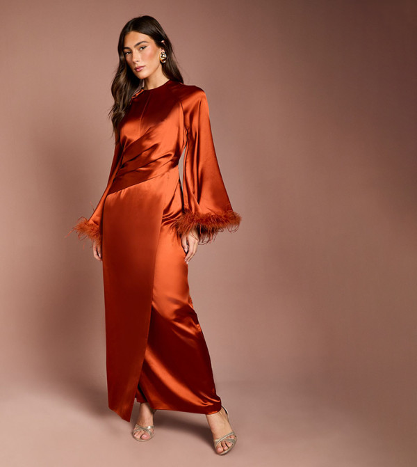 Feather Trim Satin Maxi Dress