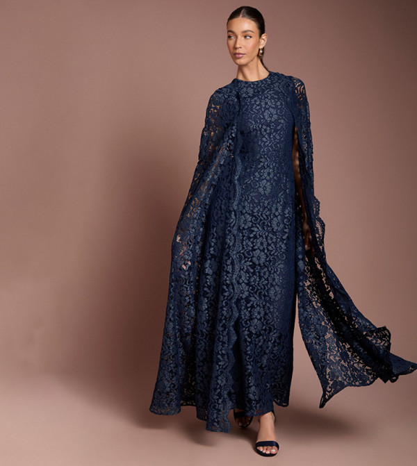 High Neck Lace Cape Maxi Dress
