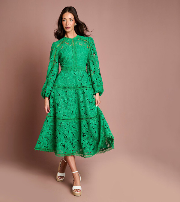Lace Panelled Long Sleeves Midi Dress