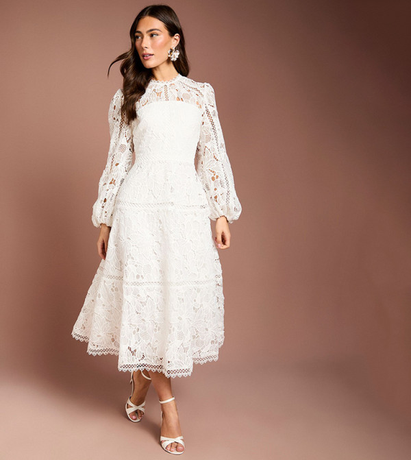 Lace Panelled Long Sleeves Midi Dress