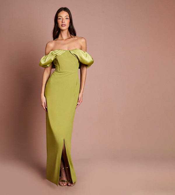 Volume Sleeves Corset Column Maxi Dress