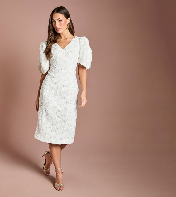 Floral Pleated Sleeves Pencil Dress