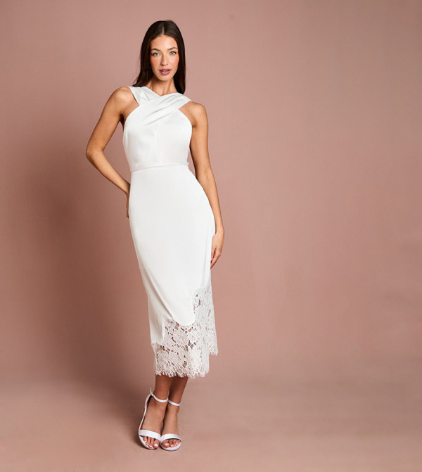 Lace Hem Cross Front Halterneck Satin Midi Dress