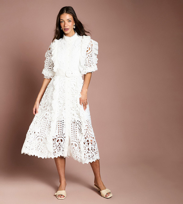 Lace Ruffle Midi Shirt Dress