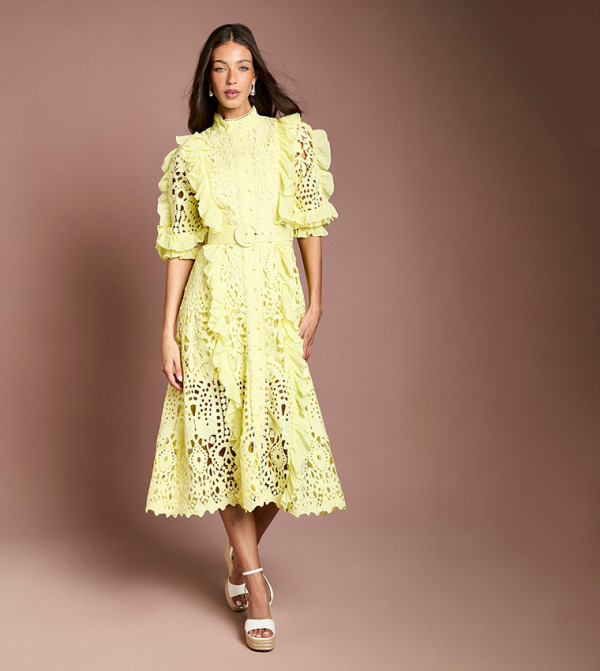 Lace Ruffle Midi Shirt Dress