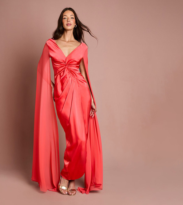 Satin Cape Sleeves Maxi Dress
