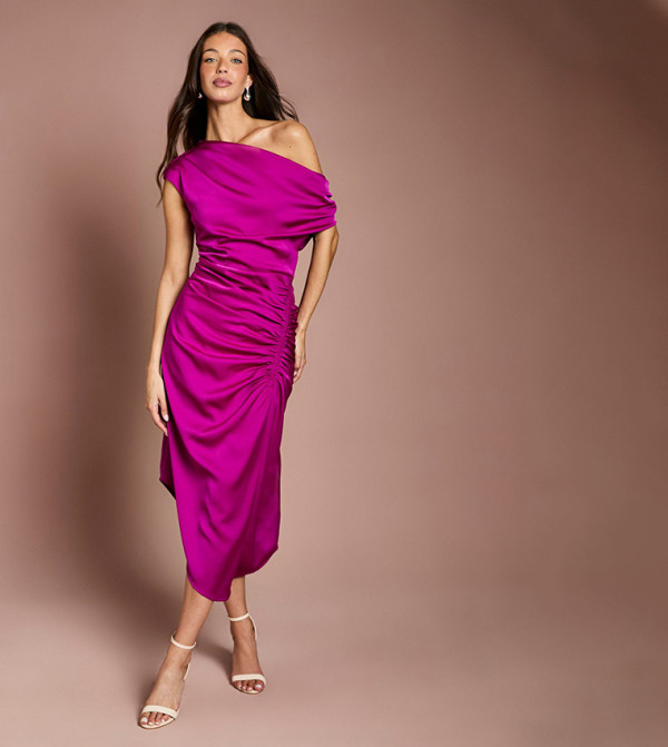 Satin Ruched One Shoulder Asymmetric Hem Midi Dress