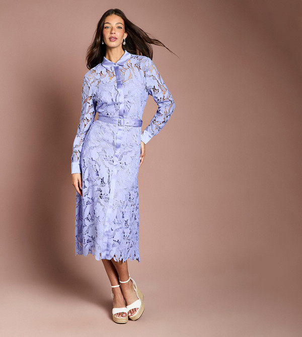 فستان قميص ميدي دانتيل كم طويل