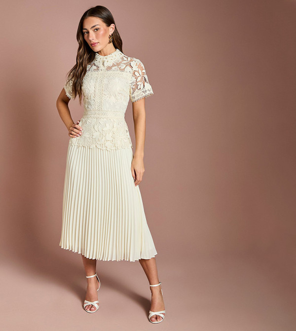 Lace Top Pleated Midi Dress