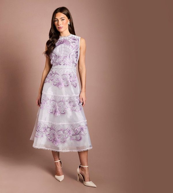 Placement Embroidered Lace Midi Dress