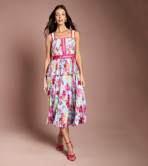 Printed Lace Trim Pleated Midi Dress