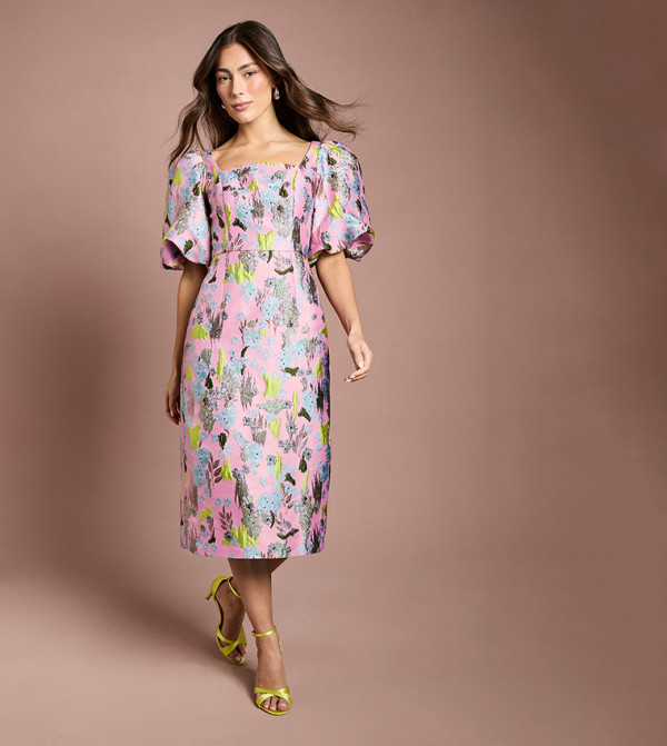 Jacquard Puff Sleeves Square Neck Pencil Midi Dress