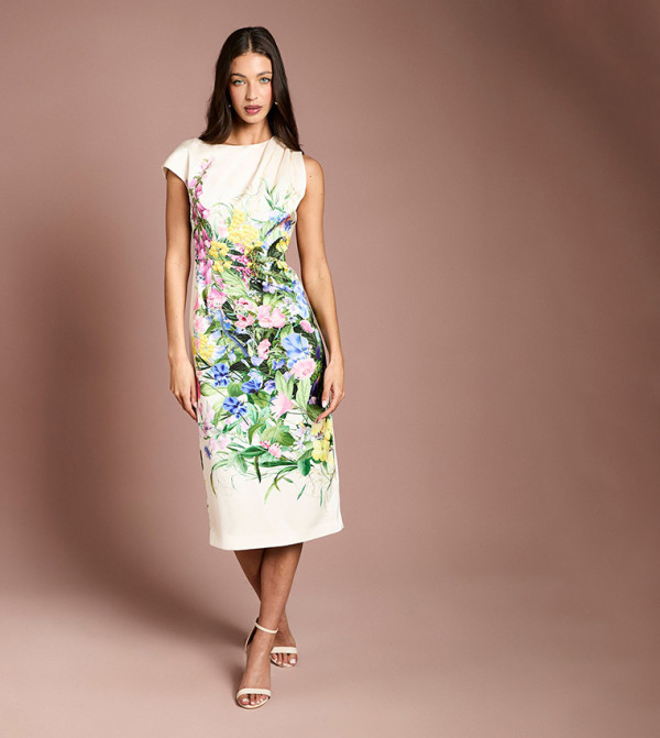 فستان ميدي ساتان ضيق بطبعة ورود