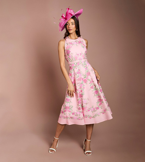 Placement Print Floral Bow Shoulder Midi Dress