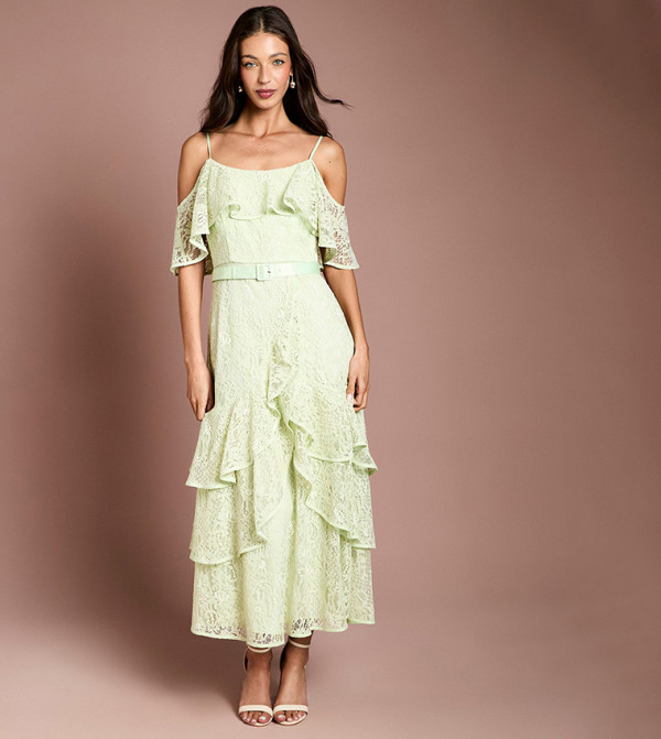 Lace Frill Detail Strappy Belted Midi Dress