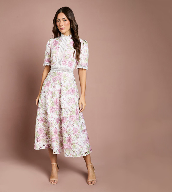 Printed Lace Short Sleeves Trim Detail Midi Dress