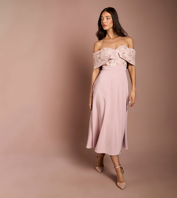 Pleated V-Neck Jacquard Bodice Crepe Skirt Midi Dress