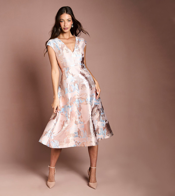 Plunge Neck Jacquard Midi Dress