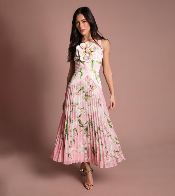 Buy Coast Coast Muse 3D Printed Flower Pleated Midi Dress In Pink
