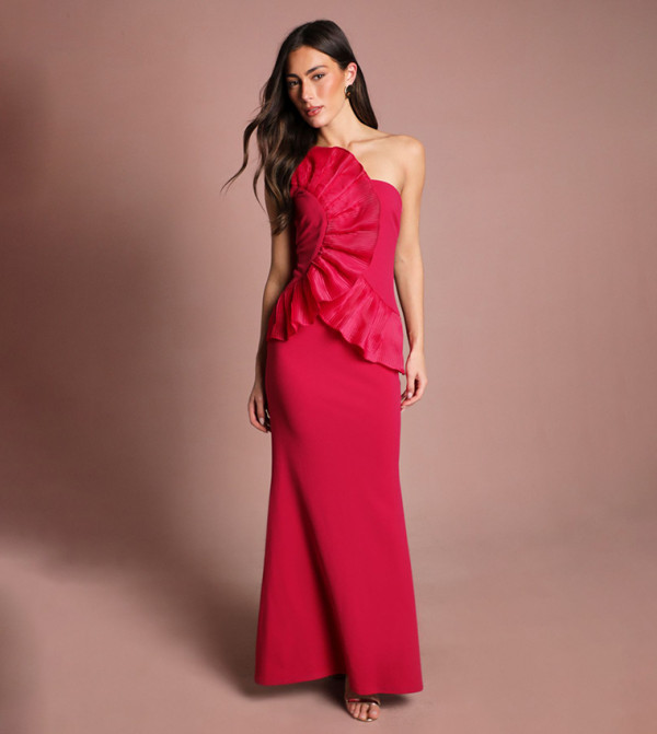 Pleated Front One Shoulder Maxi Dress