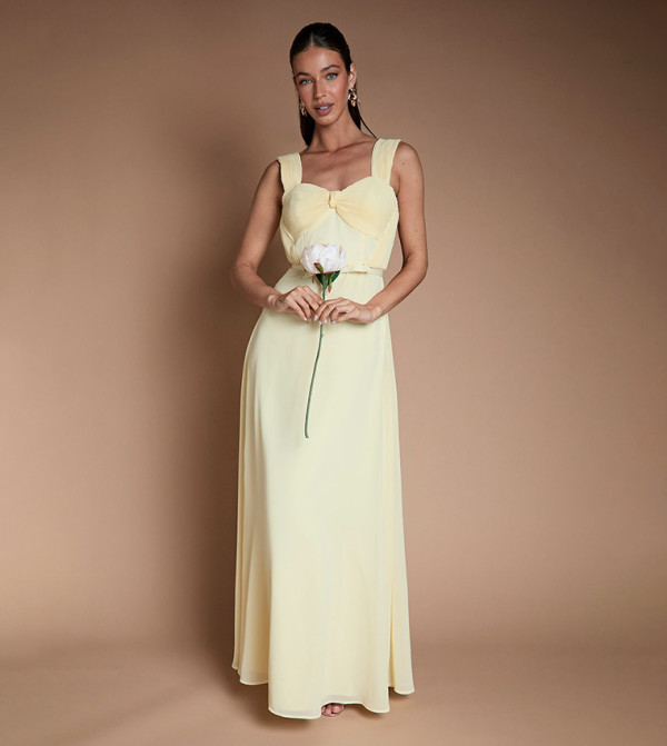 Pleated Chiffon Tie Sleeves Maxi Bridesmaid Dress