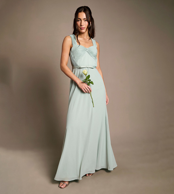 Pleated Chiffon Tie Sleeves Maxi Bridesmaid Dress