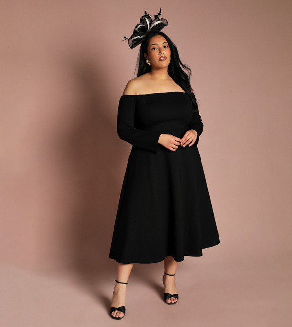 Curve Long Sleeves Bardot Skirted Ponte Midi Dress