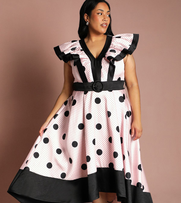 Curve Polka Dots Contrast Detail High Low Midi Dress