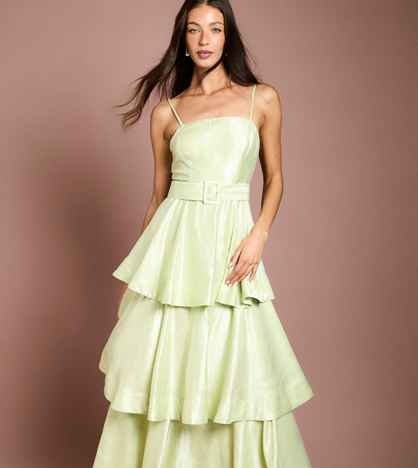 Belted Tiered Satin Maxi Dress