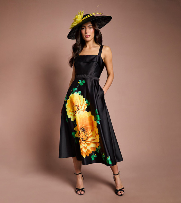 Lisa Tan Floral Placement Print Belted Midi Party Dress